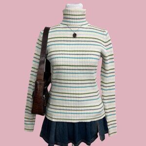 y2k cream blue green gray striped girly downtown it girl elevated basic turtlene